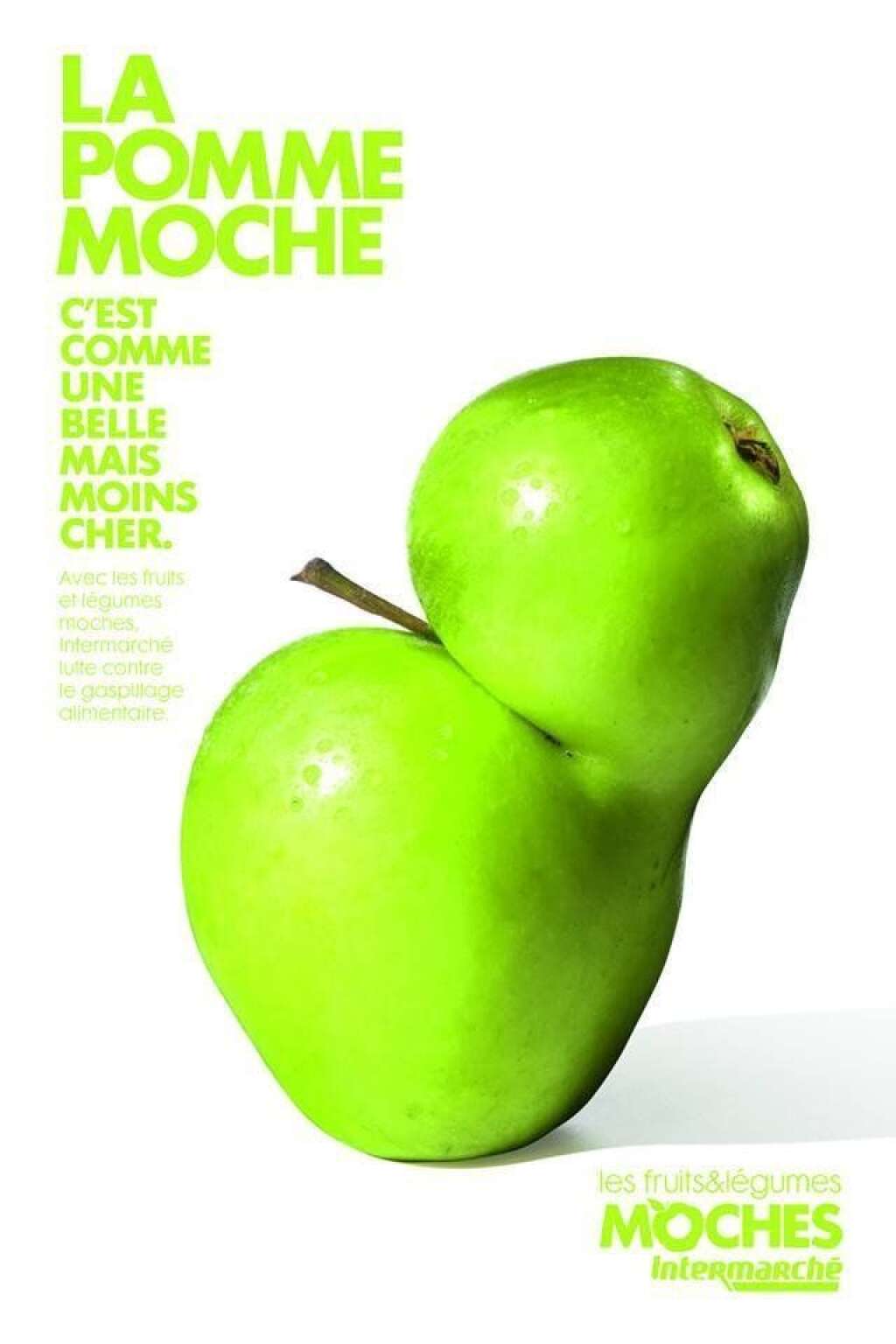 Campagne chez Intermarché - Avant Auchan et Monoprix, les supermarchés Intermarché ont eux aussi <a href="http://www.lepoint.fr/insolite/la-revanche-des-fruits-et-legumes-moches-29-04-2014-1817664_48.php" target="_blank">participé à la lutte contre le gâchis des fruits et légumes moches</a>. L'agence de publicité Marcel a, à la demande de la grande surface, créé plusieurs affiches qui ont été mises en avant dans les rayons.