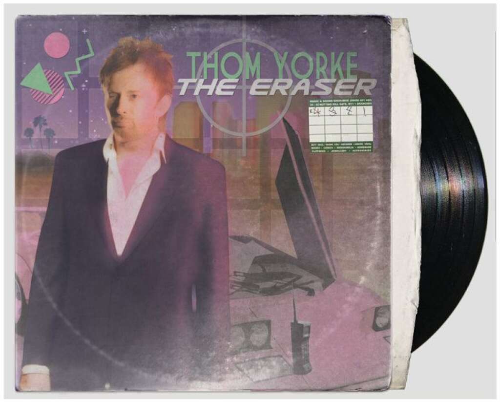 Thom Yorke - "Grand philanthrope, Thom Yorke abandonne ici son penchant pour l'activisme et tombe dans le style de vie matérialiste des années 80 pour cet album aux accents synthpop, seul Long Play de cette série" - Robert Penney  Thom Yorke - <em>The Eraser</em> (1986) Album LP