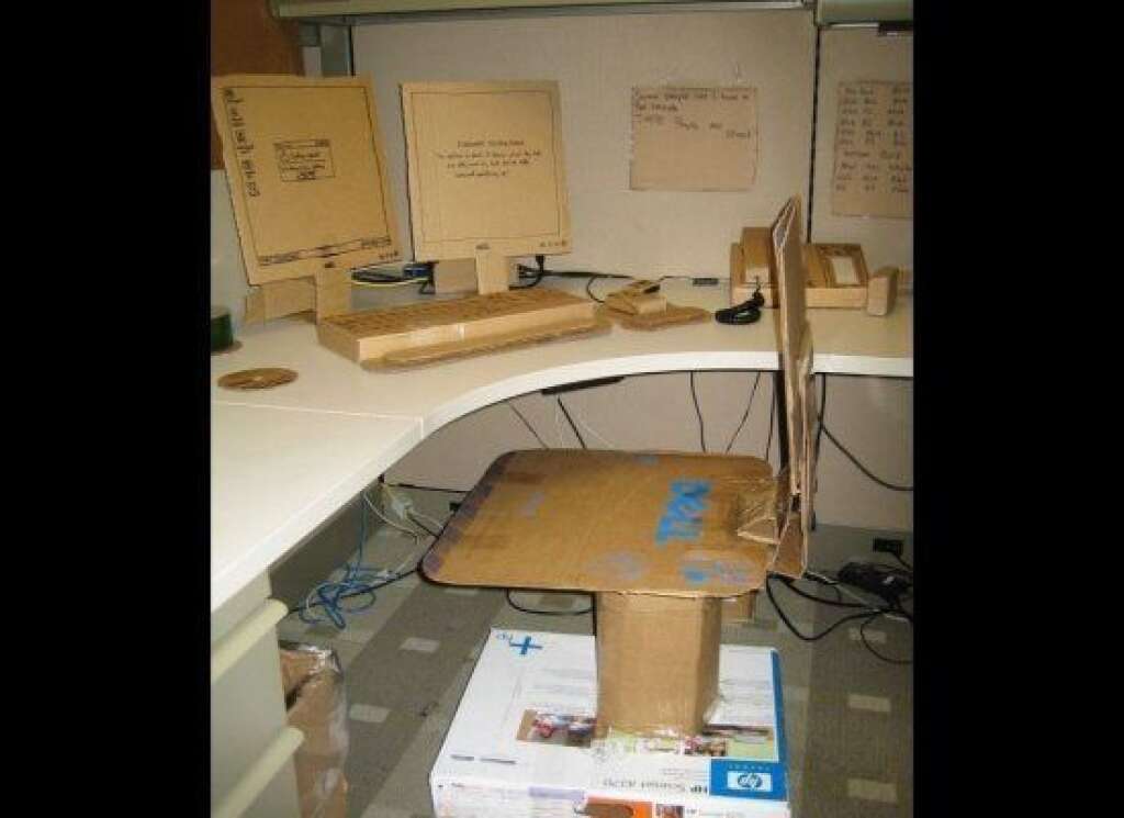 Cardboard Office - Everything in the office was replaced with cardboard. Unfortunately they won't be able to replace the time spent doing it with productivity. (via <a href="http://www.nickscipio.com/pod/2008/08/04/best-office-prank-ever/cardboardoffice8/" target="_hplink"> Nick Scipio</a>)