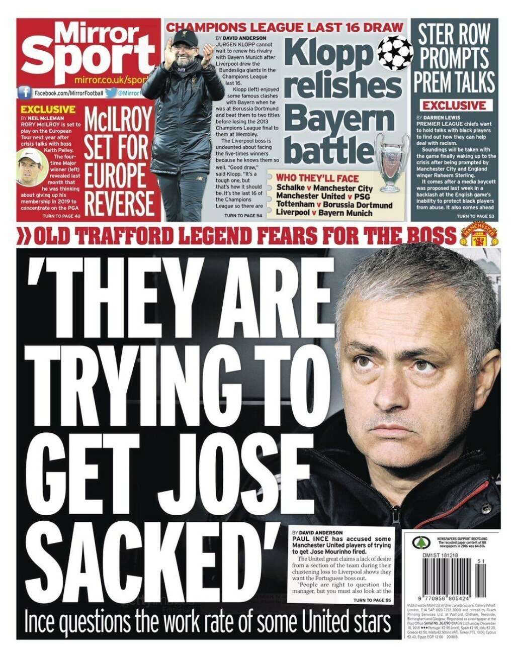 18 décembre - "Daily Mirror" - Au lendemain du tirage au sort, le <em>Daily Mirror</em> mettait en Une l'interview d'un ancien joueur de MU affirmant que les joueurs actuels cherchaient avant tout à faire renvoyer leur entraîneur d'alors, José Mourinho. Ambiance.