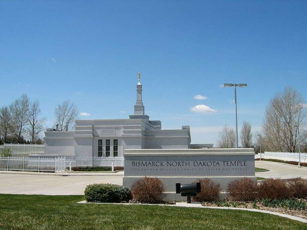 North Dakota - 1,030 Mormons per 100,000 persons. <br>    Credit: Wikimedia Commons. Original photo <a href="http://en.wikipedia.org/wiki/File:BismarkTemple7.jpg" target="_hplink">here</a>.