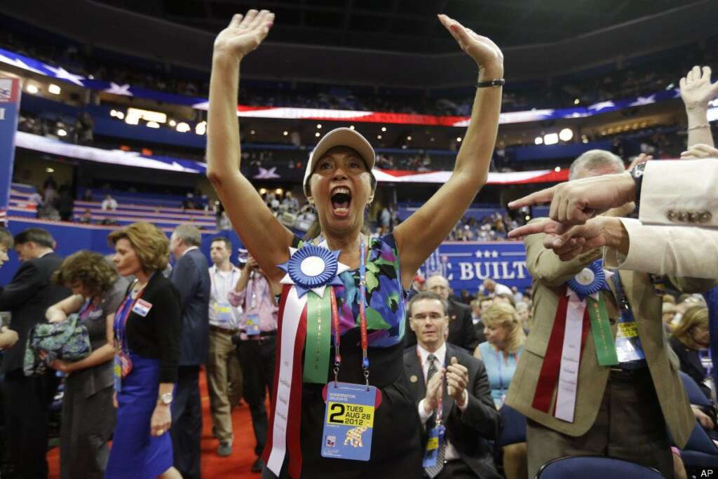 Fredi Simpson - Washington state delegate Fredi Simpson cheer during the Republican National Convention in Tampa, Fla., on Tuesday, Aug. 28, 2012. (AP Photo/David Goldman)