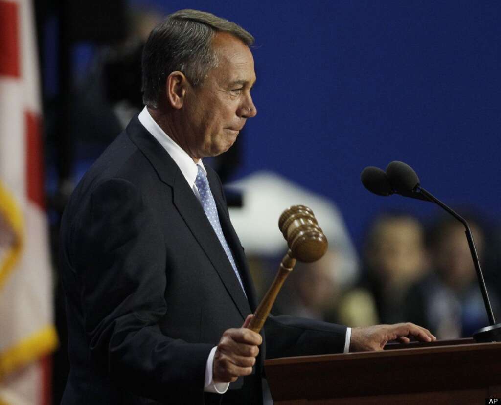 House Speaker John Boehner of Ohio, taps a gavel during the Republican National Convention in Tampa, Fla., on Tuesday, Aug. 28, 2012. (AP Photo/Charlie Neibergall)