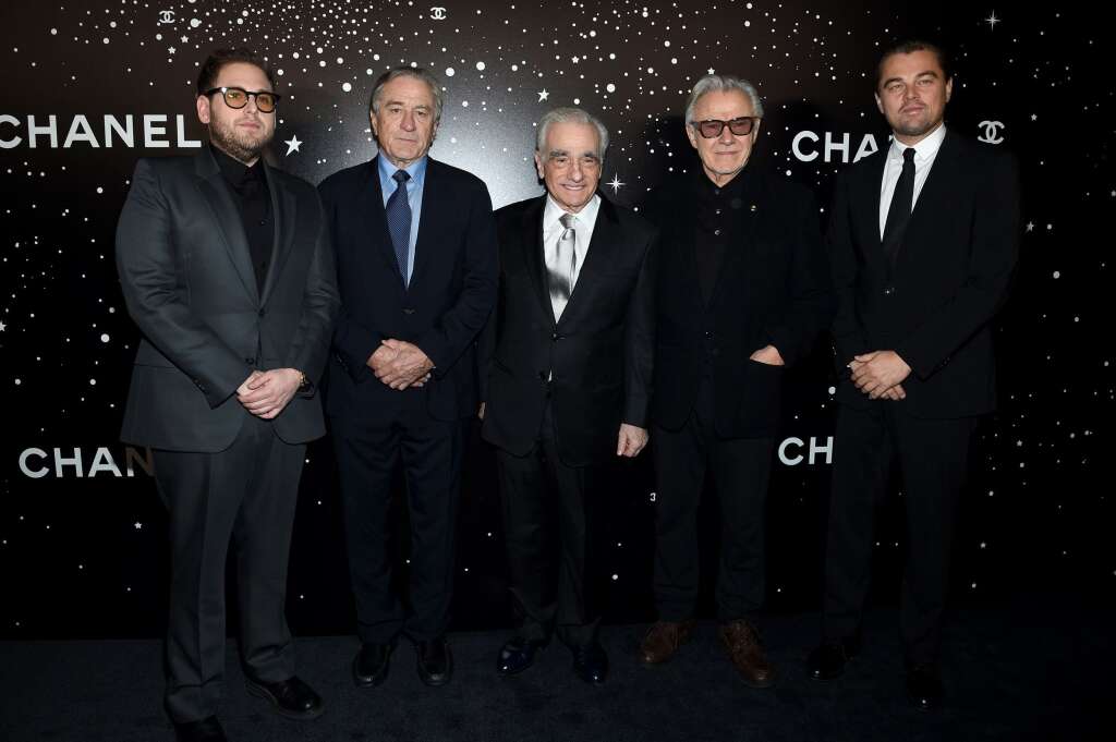 Martin Scorsese acteurs gala Moma - Jonah Hill, Robert De Niro, Martin Scorsese, Harvey Kittel et Leonardo DiCaprio le 19 novembre 2018 à New York.