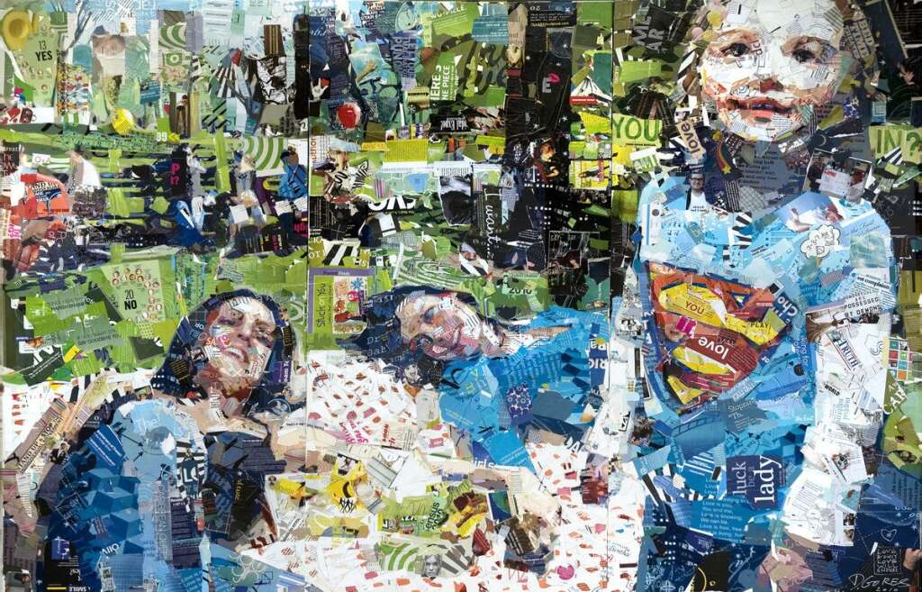 'Love and Only Love' - Artist Derek Gores creates collages from recycled magazine scraps, photos, data, maps and internet photos. This piece depicting his sister and her wife and daughter is created entirely from hate speech.