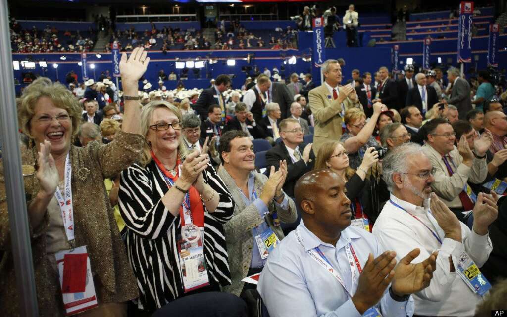 North Carolina delegates cheer during the Republican National Convention in Tampa, Fla., on Tuesday, Aug. 28, 2012. (AP Photo/Jae C. Hong)