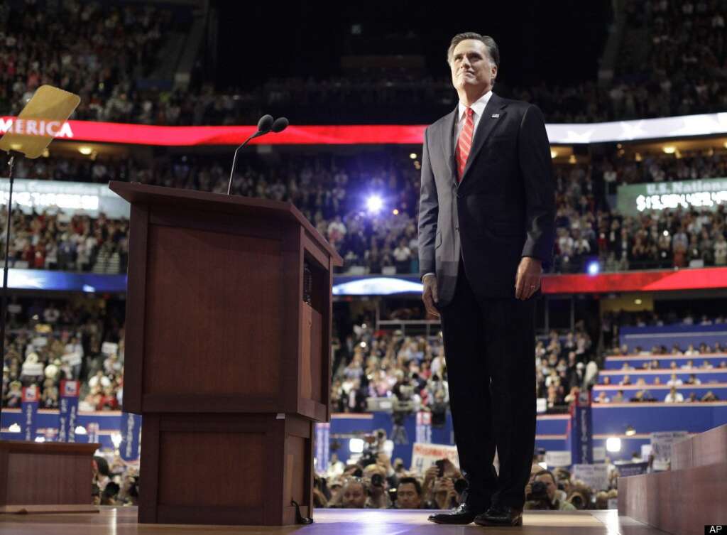 Mitt Romney - Republican presidential nominee Mitt Romney acknowledges delegates before speaking at the Republican National Convention in Tampa, Fla., on Thursday, Aug. 30, 2012. (AP Photo/David Goldman)