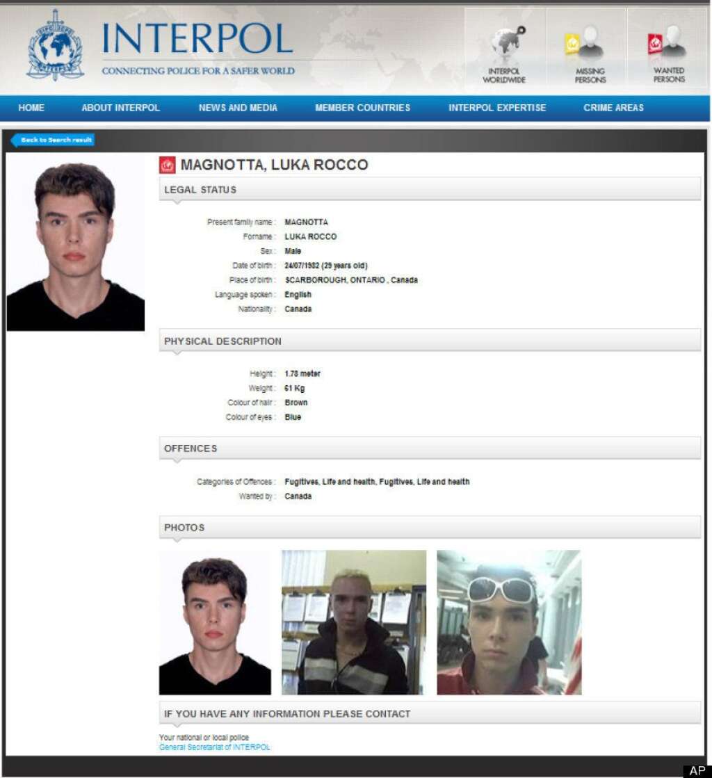 - L'appel mondial lancé par Interpol pour retracer Luka Rocco Magnotta. (AP/Interpol)