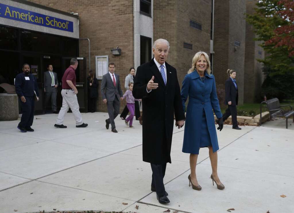 Joe Biden - Vice President Joe Biden exits with his wife Jill Biden after voting at Alexis I. duPont High School, Tuesday, Nov. 6, 2012, in Greenville, Del. (AP Photo/Matt Rourke)