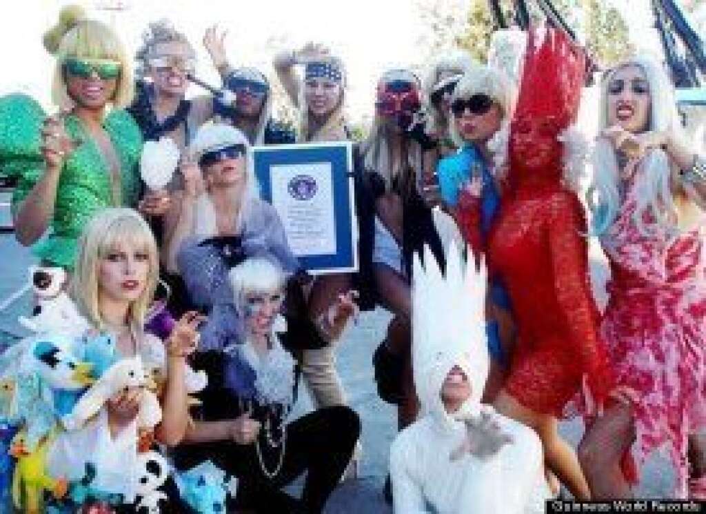 World's Largest Gathering Of Lady Gagas - They're gaga for Gaga. A group of Lady Gaga wannabes set a world record for the largest gathering of Lady Gaga impersonators at the 2011 Grammy Awards in Los Angeles on Feb. 13. The world record attempt brought together 121 fans of the star, dressed in a wide array of Gaga's most memorable outfits.