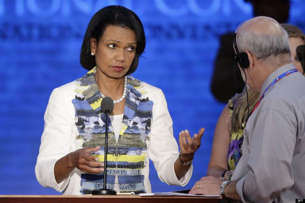 Former Secretary of State Condoleezza Rice looks over the main stage during a sound check at the Republican National Convention in Tampa, Fla., on Wednesday, Aug. 29, 2012. (AP Photo/J. Scott Applewhite)