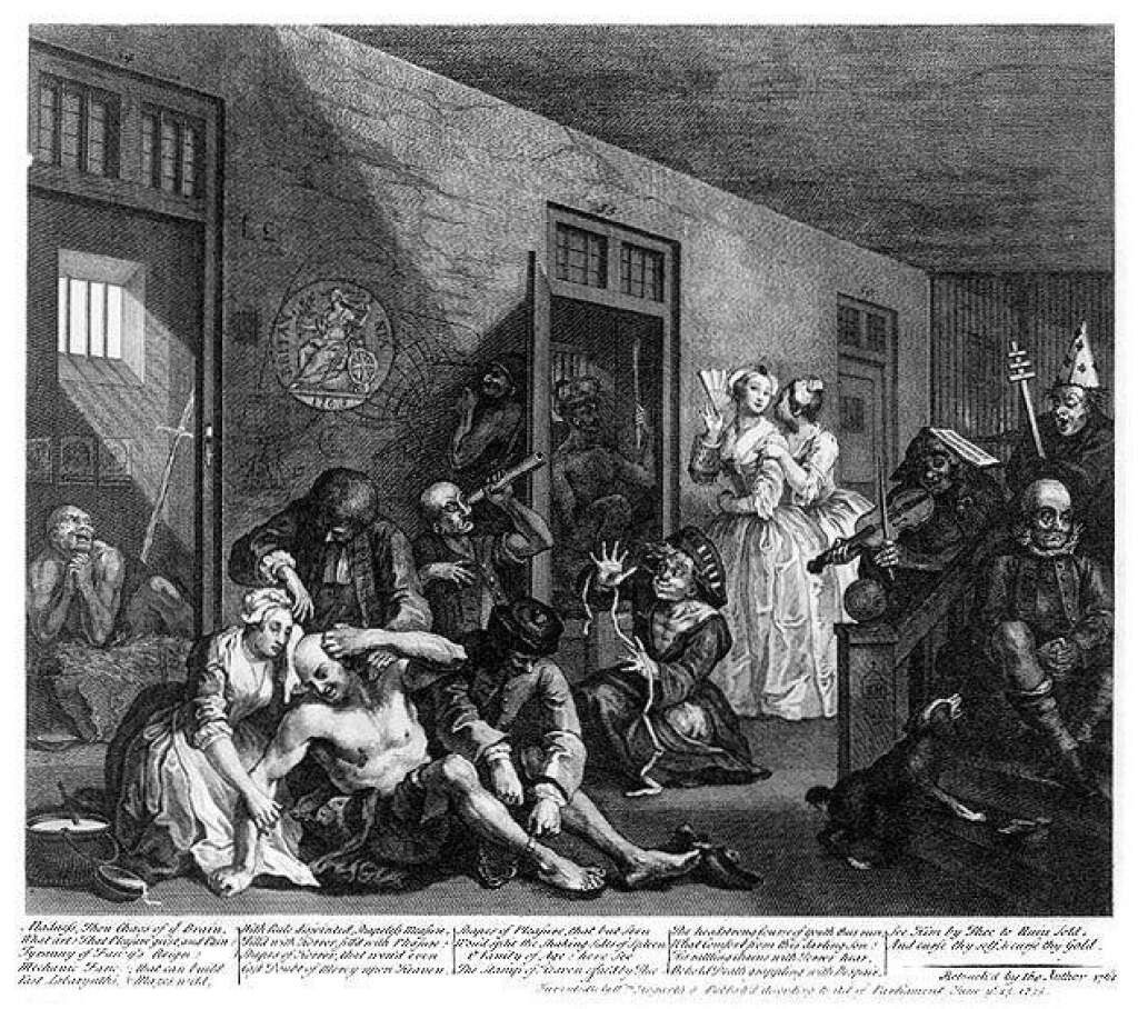 William Hogarth: A Rake's Progress - Plate 8: In The Madhouse - William Hogarth: <em>A Rake's Progress</em> (la carrière d'un libertin)  Plate 8: In The Madhouse (dans la maison de fous), estampe, 35.5 x 41cm