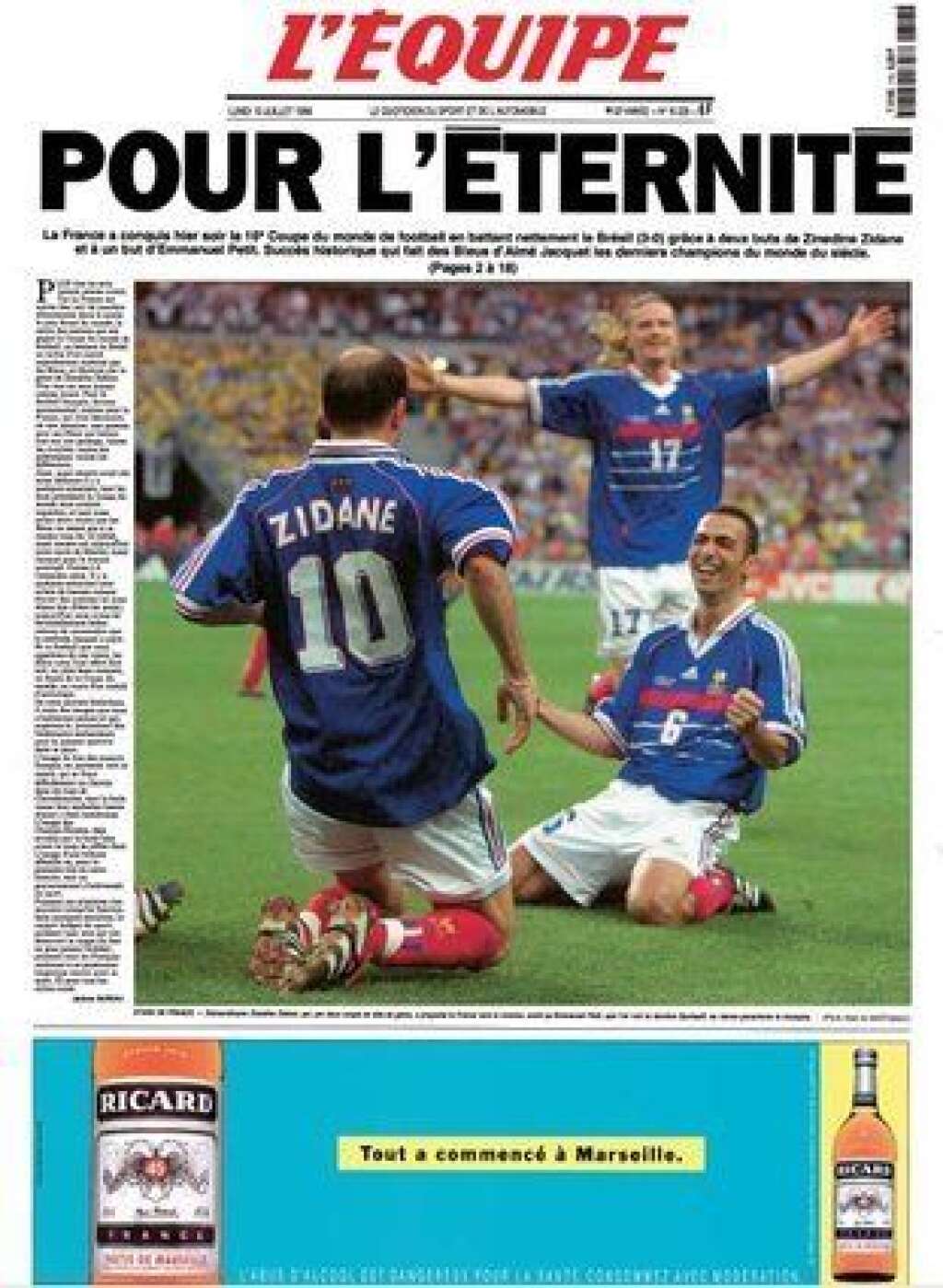 L'Equipe (13/07/98) - 1,96 million pour la victoire de l'équipe de France en Coupe du monde.