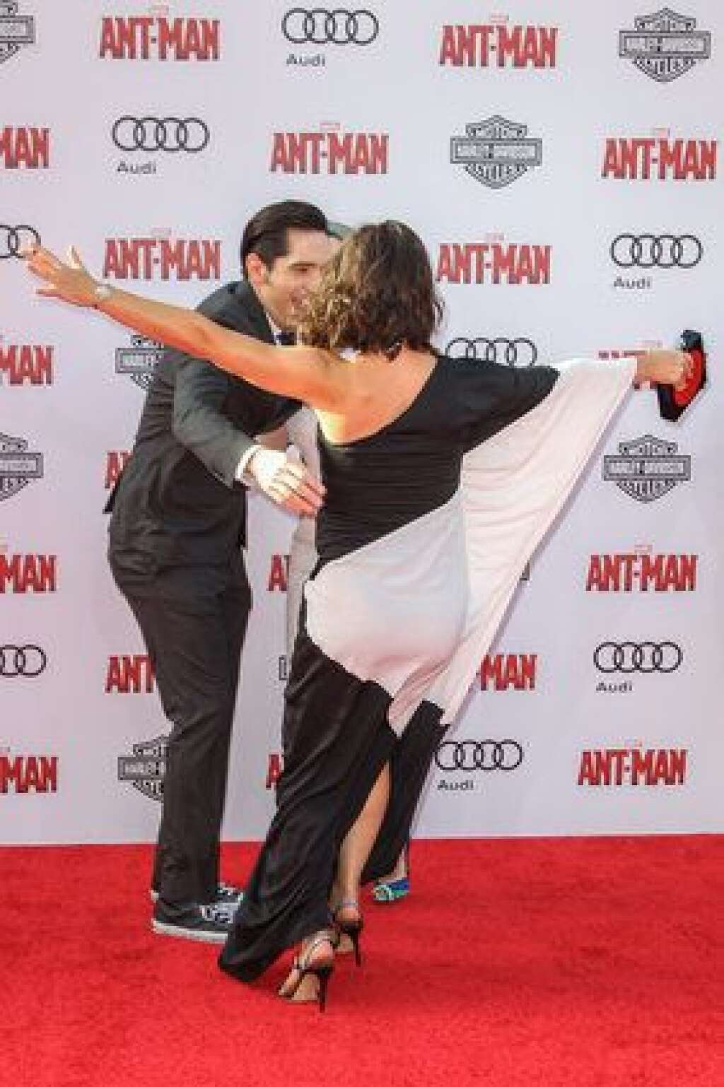 World Premiere of "Ant-Man" - Evangeline Lilly runs to greet David Dastmalchian at the world premiere of Marvel's 'Ant-Man' at the Dolby Theatre on Monday, June 29, 2015 in Los Angeles. (Photo by Paul A. Hebert/Invision/AP)