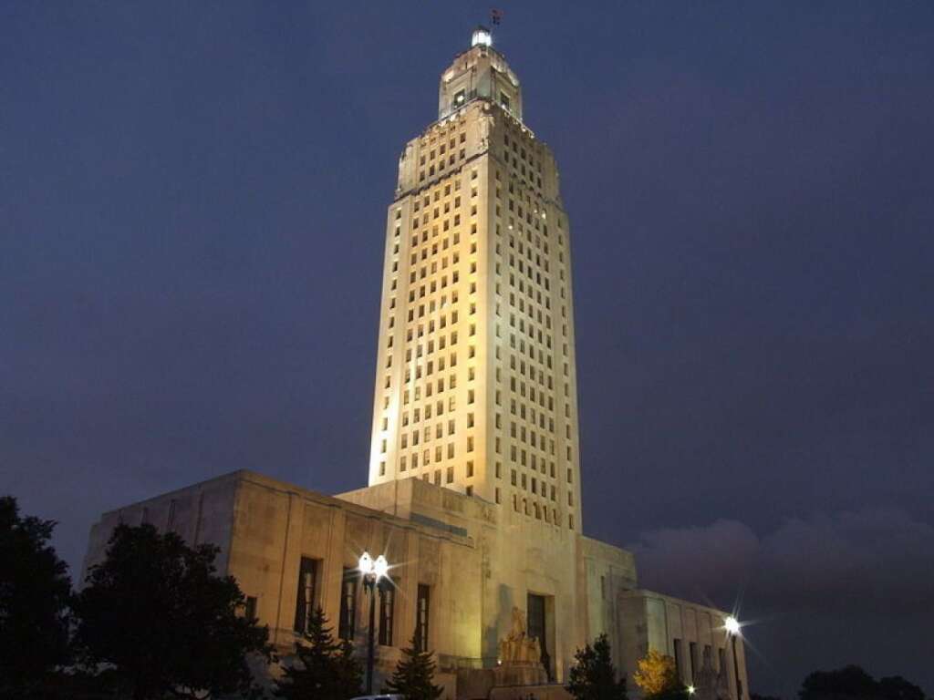 Louisiana - 630 Mormons per 100,000 persons. <br>    Credit: Wikimedia Commons. Original photo <a href="http://en.wikipedia.org/wiki/File:Louisiana_State_Capital_at_night.jpg" target="_hplink">here</a>.