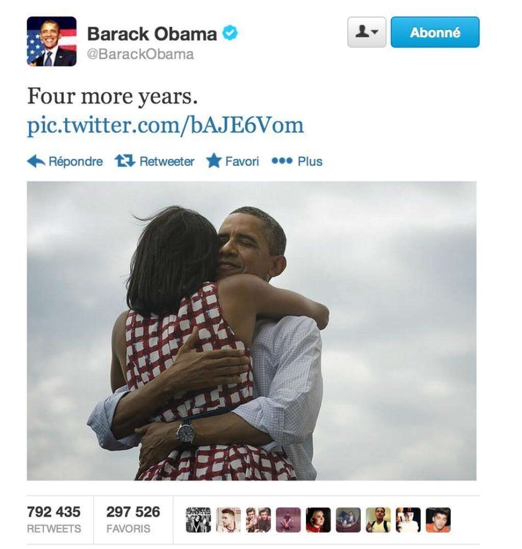 Le tweet de Barack Obama - "Quatre ans de plus" - @BarackObama, novembre 2012  Le président américain tweete sa victoire avec une photo de lui et sa femme Michelle, s'enlaçant. Son message a été le plus retweeté --800.000 fois- de l'Histoire (avant d'être détrôné par le selfie aux Oscars d'Ellen DeGeneres).