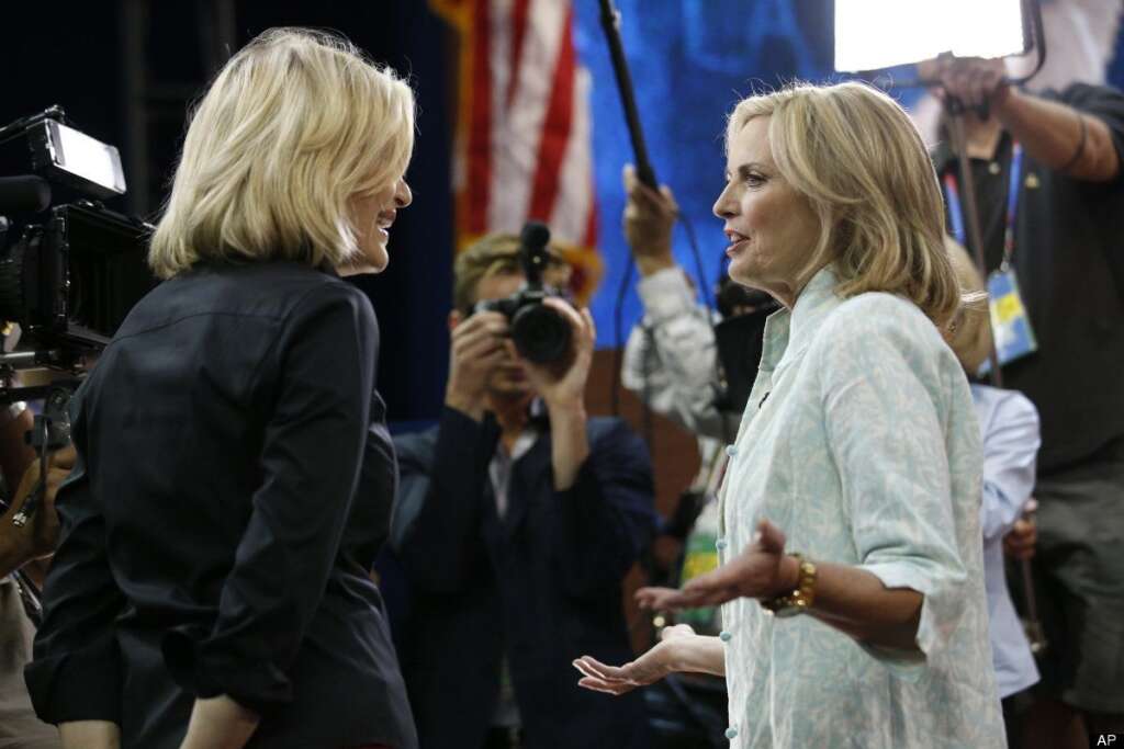 Diane Sawyer, Ann Romney - Diane Sawyer, left, interviews Ann Romney, wife of U.S. Republican presidential candidate Mitt Romney, on the floor before the session of the Republican National Convention in Tampa, Fla., on Tuesday, Aug. 28, 2012. (AP Photo/Jae C. Hong)