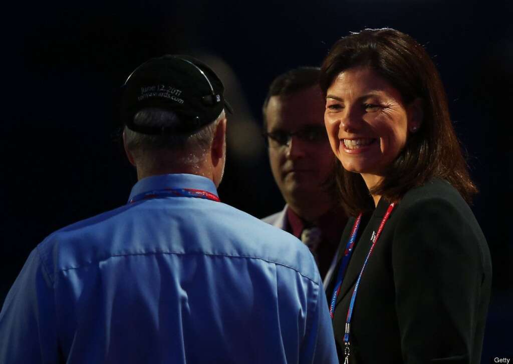 2012 Republican National Convention: Day 2 - TAMPA, FL - AUGUST 28:  U.S. Sen. Kelly Ayotte (R-NH) stands on stage during a soundcheck with stage manager Howard Kolins during the Republican National Convention at the Tampa Bay Times Forum on August 28, 2012 in Tampa, Florida. Today is the first full session of the RNC after the start was delayed due to Tropical Storm Isaac.  (Photo by Scott Olson/Getty Images)