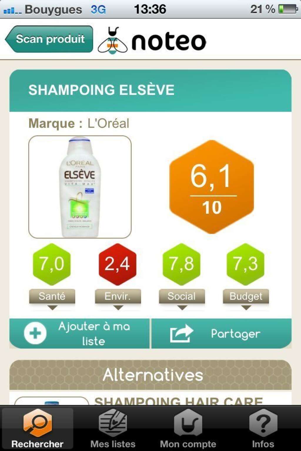 Un autre shampooing testé le même jour - En bas, l'application propose plusieurs produits alternatifs ayant obtenus de meilleures notes que celui-ci.