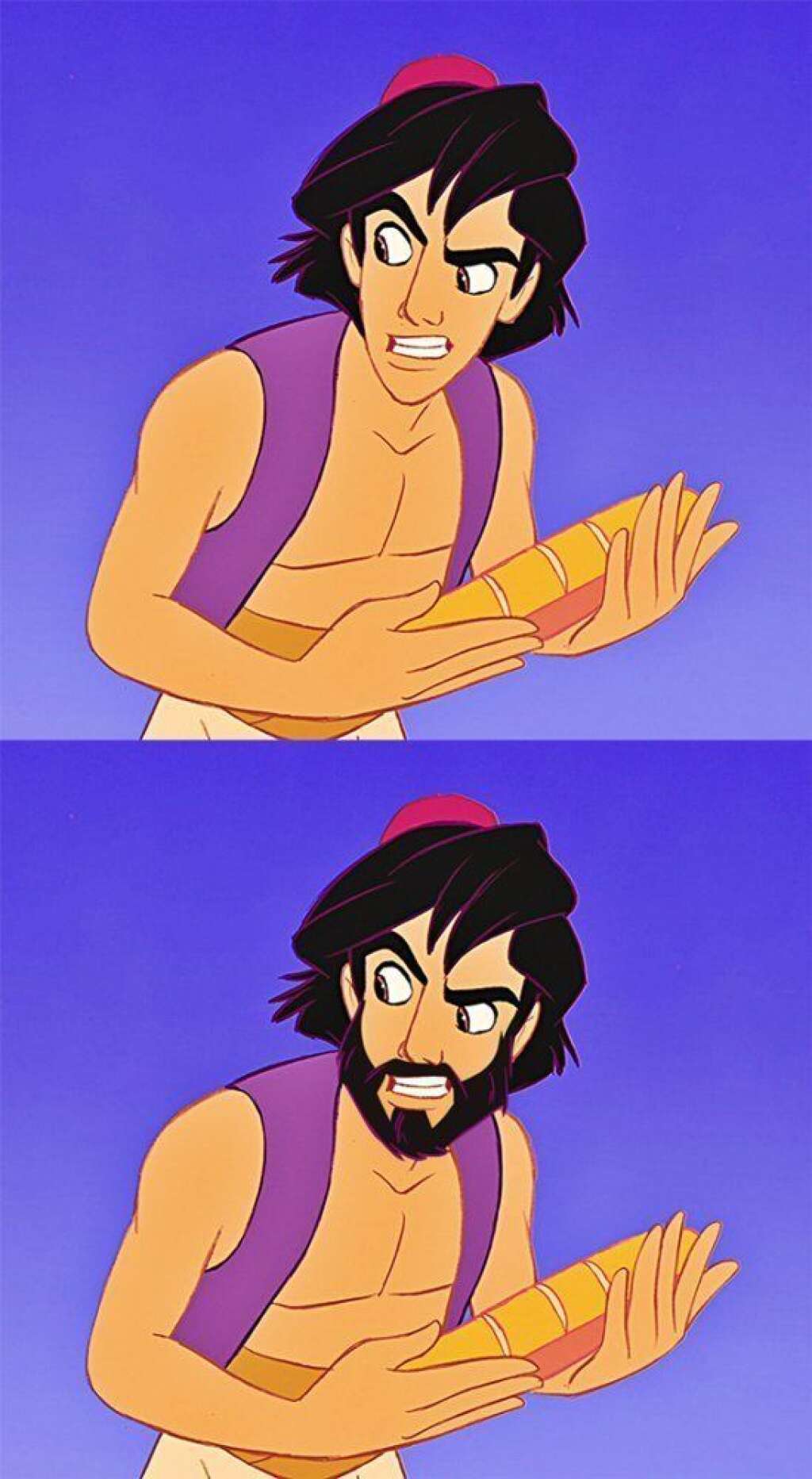 Aladdin dans "Aladdin" - Si côté poils, certains sont bien équipés ce n'est pas le cas de tout le monde.Voici le look qu'arborerait deux personnages de Disney s'ils faisaient la grève du rasoir.