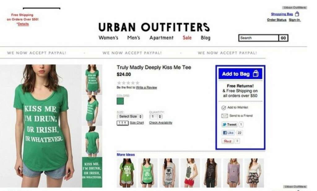 Urban Outfitters - Le message <em>"Kiss me I'm drunk, or Irish, or whatever"</em> ("Embrasse moi je suis saoul(e), ou Irlandais(e), du pareil au même") imprimé sur le t-shirt de Urban Outfitters n'a pas plu aux associations irlandaises.