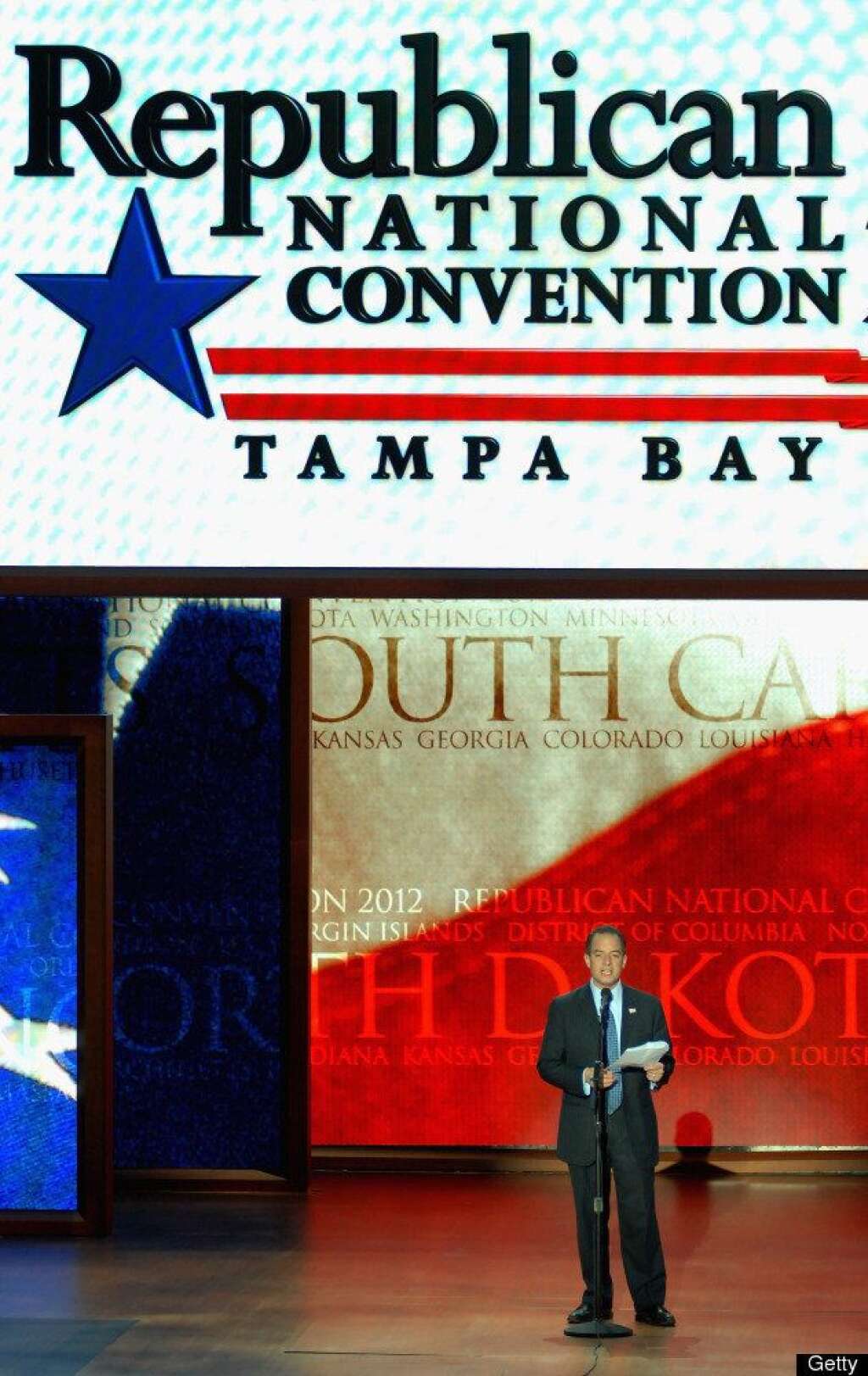 GOP Previews Site Of Republican National Convention - TAMPA, FL - AUGUST 20:  Republican National Committee Chairman Reince Priebus unveils the stage inside of the Tampa Bay Times Forum in preparation for the Republican National Convention on August 20, 2012 in Tampa, Florida. Thousands will decend on Tampa for the four day convention which takes place August 27-30.  (Photo by Tim Boyles/Getty Images)