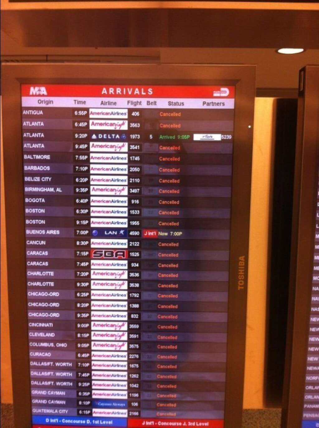 - An airport arrivals board showing mostly canceled flights (CREDIT: Twitter user <a href="https://twitter.com/WhySharksMatter" target="_hplink">@WhySharksMatter</a>)