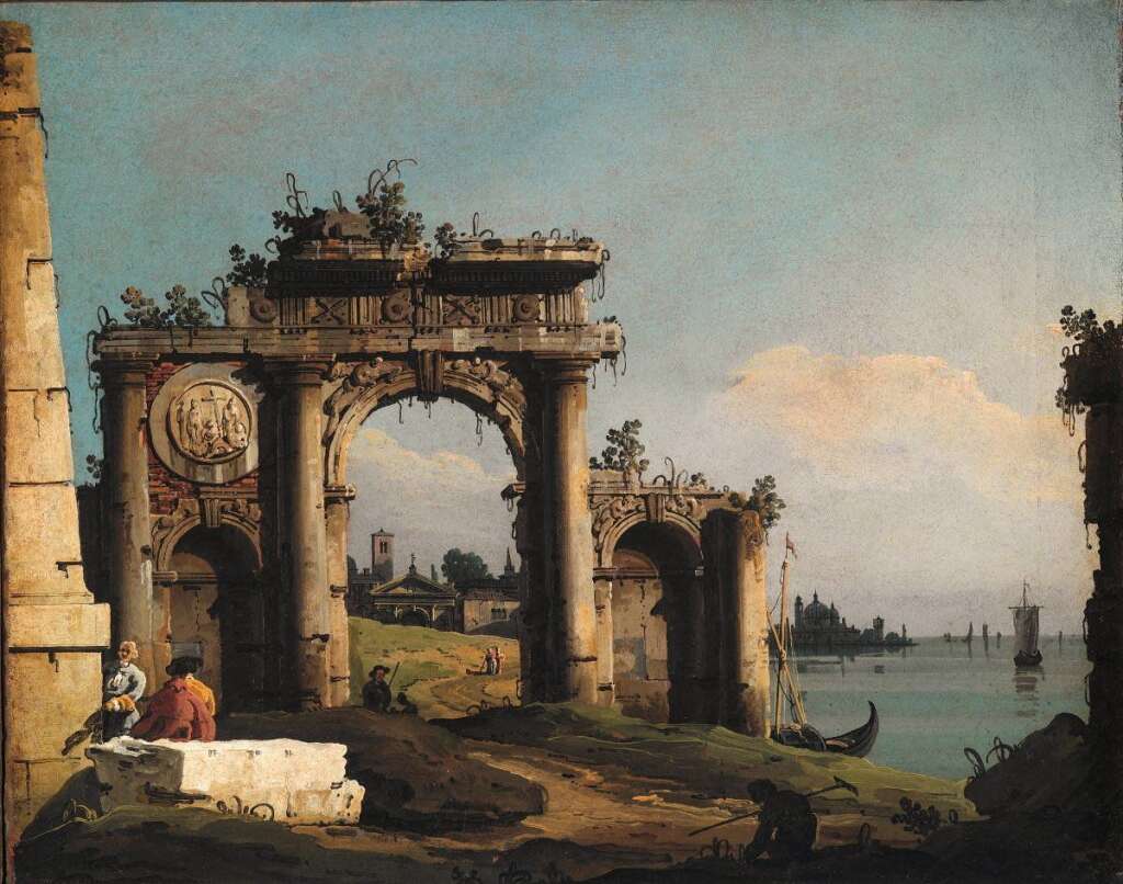 Caprice avec un arc de triomphe sur le bord de la lagune - Bernardo Bellotto (1743) - Museo di Asolo