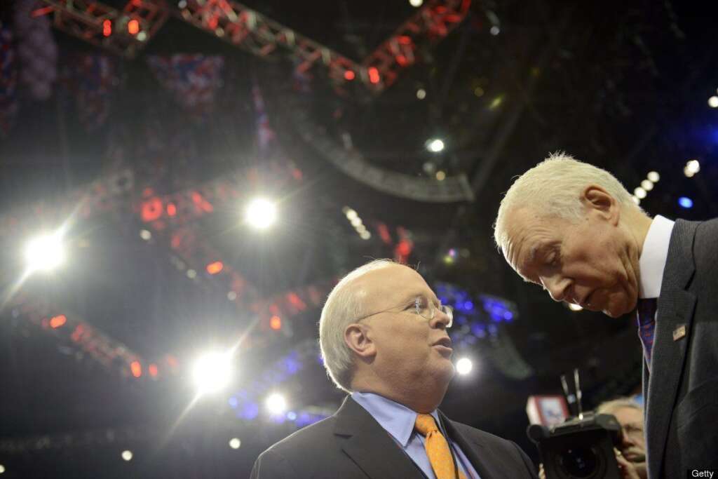 US-VOTE-2012-REPUBLICAN CONVENTION - American political consultant Karl Rove (L) and Senator Orrin Hatch from Utah (R) share a word at the Tampa Bay Times Forum in Tampa, Florida, during final preparations for the opening of the Republican National Convention on August 27, 2012. Due to tropical storm Isaac, the convention will come to order later today, Monday August 27th, and then immediately recess until the afternoon on Tuesday, August 28th. AFP PHOTO Brendan SMIALOWSKI        (Photo credit should read BRENDAN SMIALOWSKI/AFP/GettyImages)