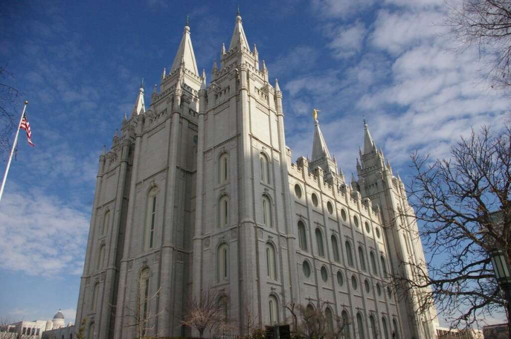 Utah - 69,124 Mormons per 100,000 persons. <br>    Credit: Wikimedia Commons. Original photo <a href="http://upload.wikimedia.org/wikipedia/commons/7/7f/Salt_Lake_LDS_Temple.jpg" target="_hplink">here</a>.