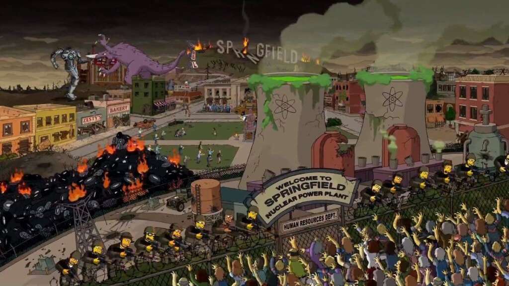 - Introduction, Springfield est sous la menace d'une triple menace, des zombies (World War Z), des monstres en arrière plan (Pacific Rim) et la menace d'une catastrophe nucléaire.