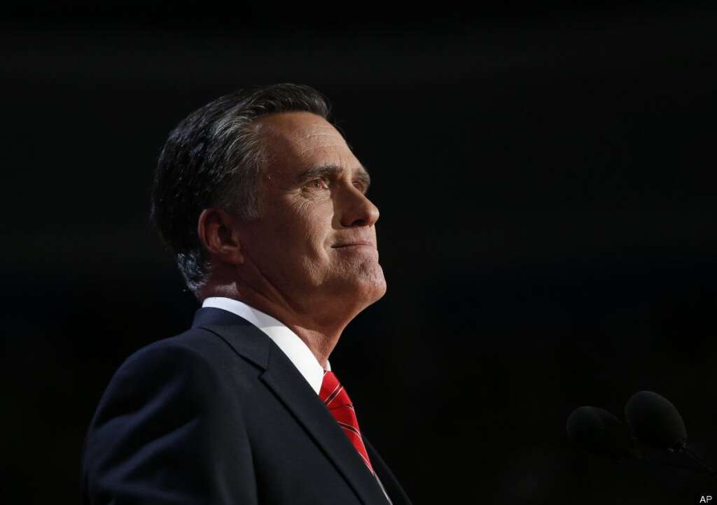 Republican presidential nominee Mitt Romney acknowledges delegates before speaking at the Republican National Convention in Tampa, Fla., on Thursday, Aug. 30, 2012. (AP Photo/Jae C. Hong)