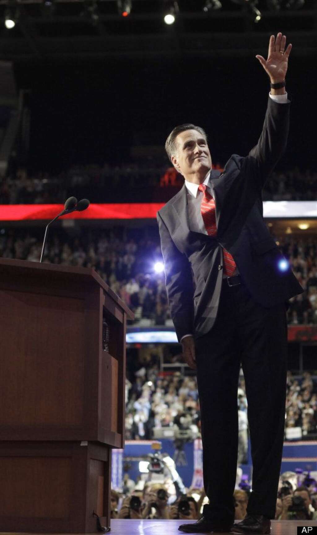 Mitt Romney - Republican presidential nominee Mitt Romney waves to delegates before speaking at the Republican National Convention in Tampa, Fla., on Thursday, Aug. 30, 2012. (AP Photo/David Goldman)