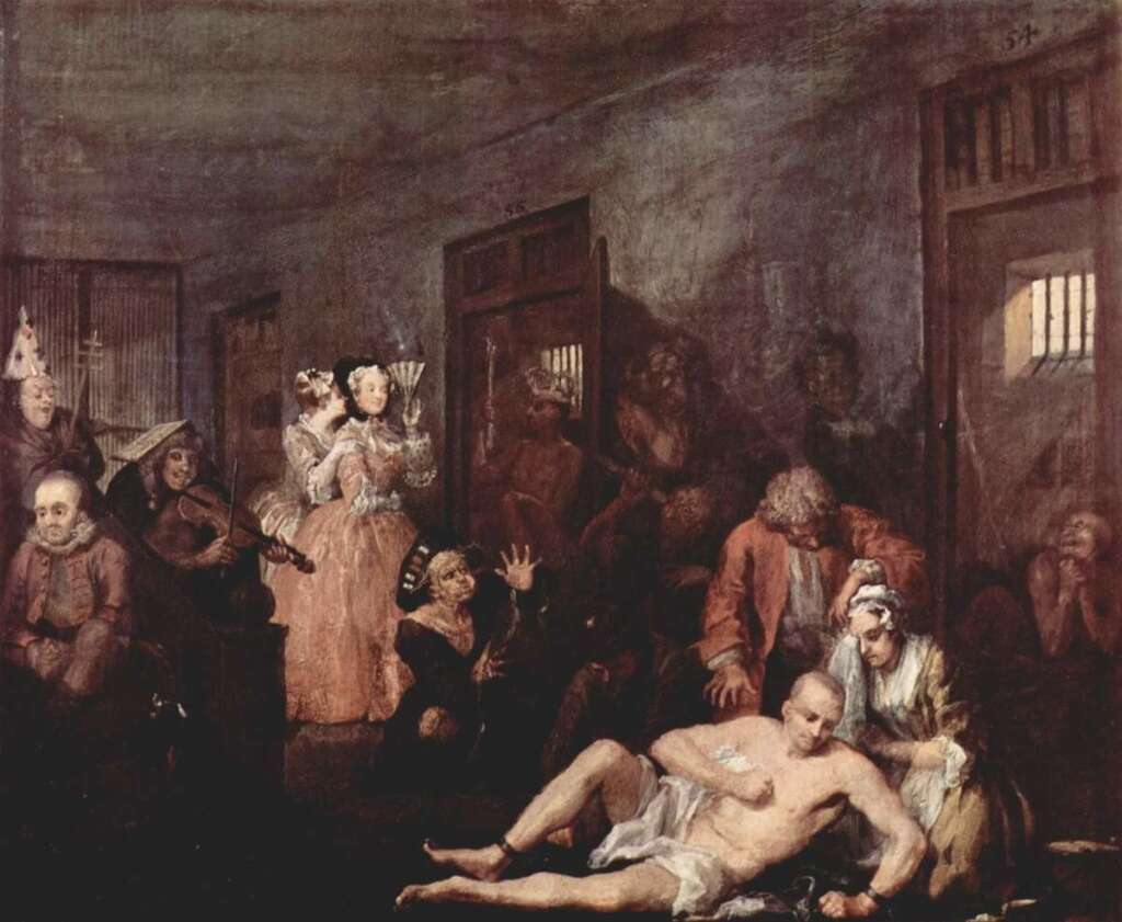 William Hogarth: A Rake's Progress - Plate 8: In The Madhouse - William Hogarth: <em>A Rake's Progress</em> (la carrière d'un libertin)  Plate 8: In The Madhouse (dans la maison de fous), huile sur toile, 62,5 × 75 cm