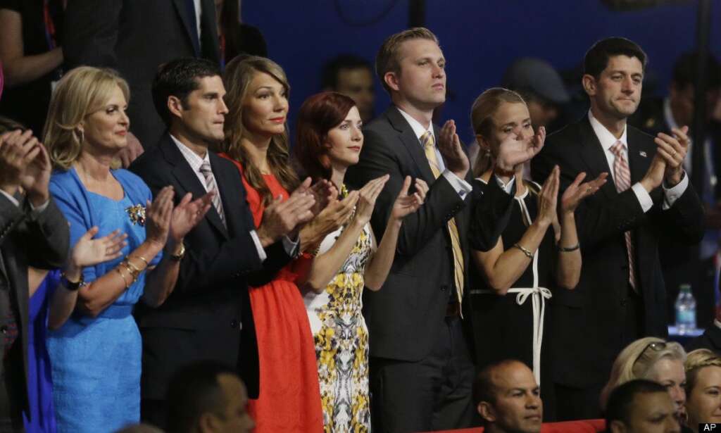 Republican vice presidential nominee, Rep. Paul Ryan, right, along with Ann Romney, wife of U.S. Republican presidential nominee Mitt Romney, left, applaud during Florida Senator Marco Rubio's speech at the Republican National Convention in Tampa, Fla., on Thursday, Aug. 30, 2012. (AP Photo/Lynne Sladky)