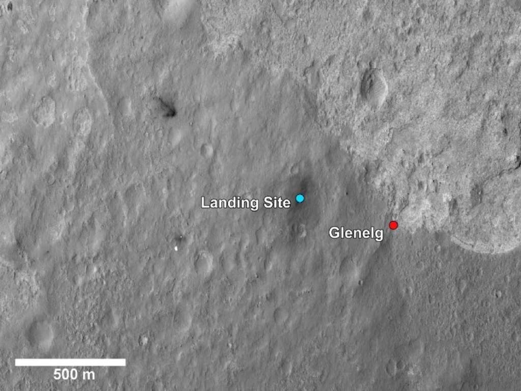 - his image shows a closer view of the landing site of NASA's Curiosity rover and a destination nearby known as Glenelg. Curiosity landed inside Gale Crater on Mars on Aug. 5 PDT (Aug. 6 EDT) at the blue dot. It is planning on driving to an area marked with a red dot that is nicknamed Glenelg. That area marks the intersection of three kinds of terrain. Starting clockwise from the top of this image, scientists are interested in this brighter terrain because it may represent a kind of bedrock suitable for eventual drilling by Curiosity. The next terrain shows the marks of many small craters and intrigues scientists because it might represent an older or harder surface. The third, which is the kind of terrain Curiosity landed in, is interesting because scientists can try to determine if the same kind of rock texture at Goulburn, an area where blasts from the descent stage rocket engines scoured away some of the surface, also occurs at Glenelg.     The science team thought the name Glenelg was appropriate because, if Curiosity traveled there, it would visit the area twice -- both coming and going -- and the word Glenelg is a palindrome. After Glenelg, the rover will aim to drive to the base of Mount Sharp.     These annotations have been made on top of an image acquired by the High Resolution Imaging Science Experiment on NASA's Mars Reconnaissance Orbiter. (NASA)
