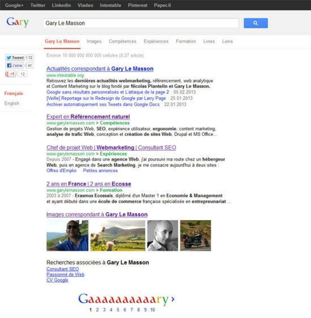 Google - Si vous cherchez un expert en référencement sur Google, vous trouverez surement le CV google de Gary Le Masson. « +1 » !