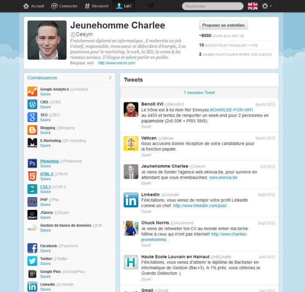 Twitter - Il aura fait parler de lui sur Twitter comme ailleurs, Charlee Jeunehomme et son #CV #original, @ voir !