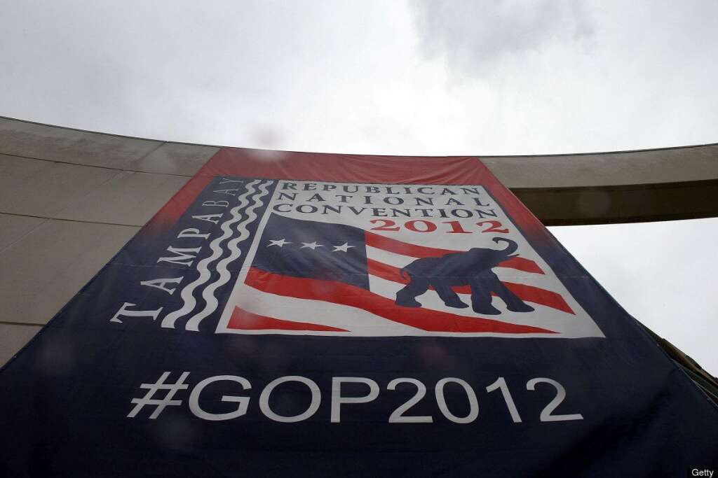 2012 Republican National Convention Delayed By Tropical Storm Isaac - TAMPA, FL - AUGUST 27:  A sign for the Republican National Convention hangs outside Tampa Bay Times Forum on August 27, 2012 in Tampa, Florida. The Republican National Convention is scheduled to convene briefly August 27, and delayed its first full session until August 28 because of Tropical Storm Isaac. (Photo by Spencer Platt/Getty Images)