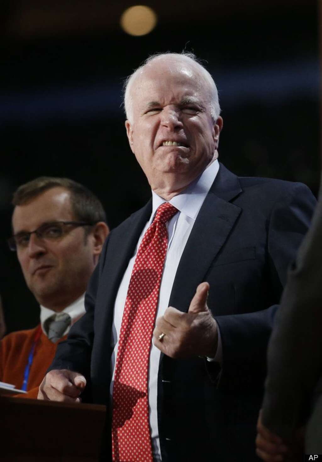 John McCain - Sen. John McCain clowns around on the podium during sound check the Republican National Convention in Tampa, Fla., on Wednesday, Aug. 29, 2012. (AP Photo/Jae C. Hong)