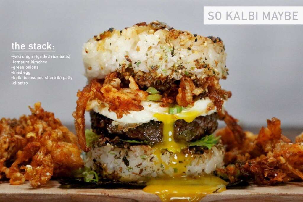 Le So Kalbi Maybe - <a href="http://pornburger.me/2014/04/02/so-kalbi-maybe-burger/" target="_blank">Ingrédients</a>:  - boulettes de riz grillées - tenpura - échalotes  - galbi - coriandre