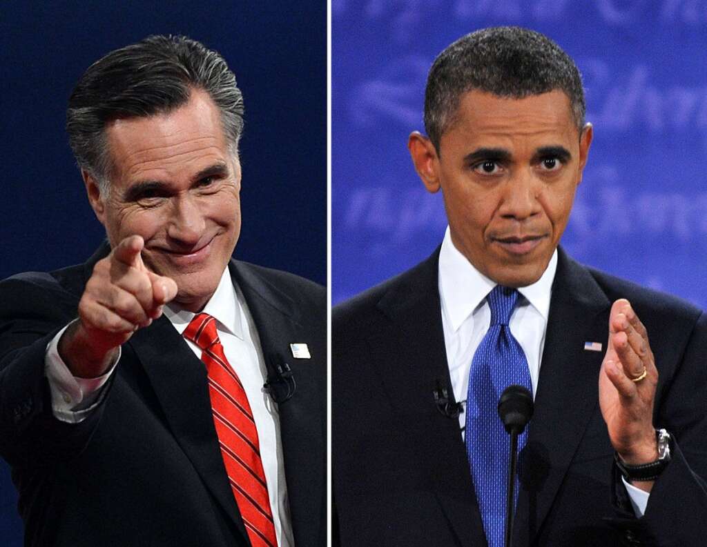 US-VOTE-2012-DEBATE - US President Barack Obama (R) speaks during his debate with Republican Presidential candidate Mitt Romney (L), who greets the audience at the conclusion in Denver, Colorado, on October 3, 2012.    AFP PHOTO / Nicholas KAMM (R)/SAUL LOEB (L)        (Photo credit should read STF/AFP/GettyImages)