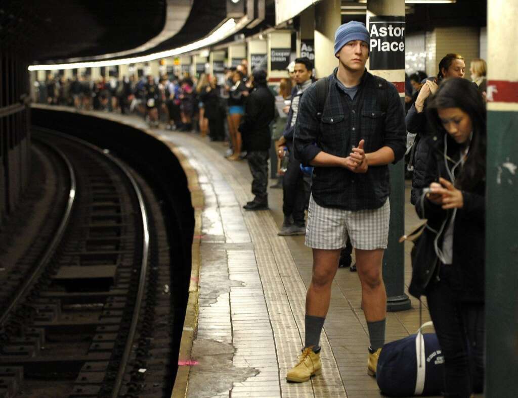 No Pants Subway Ride - Some riders in the New York City subway in the underwear as the take part in the  2012 No Pants Subway Ride Jan. 8, 2012. Started by Improv Everywhere, the goal is for riders to get on the subway train dressed in normal winter clothes (without pants) and keep a straight face. (Timothy A. Clary, AFP / Getty Images)