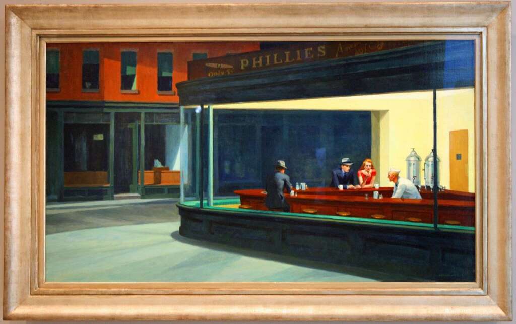 Nighthawks - <em>Art Institute of Chicago: Nighthawks by Edward Hopper</em>  Né avec le 7e art, en 1882, Hopper ne peint pas l'Amérique comme on le dit souvent, mais des plans américains. Pas d'autre réalité dans ses toiles que celle des studios.   <em>NightHawk</em> lui vient quand il lit une nouvelle d'<a href="http://www.evene.fr/celebre/biographie/ernest-hemingway-713.php">Ernest Hemingway</a>, <em>Les Tueurs</em>, en 1942. Il imagine la scène.   Extérieur nuit. Un bar. Un serveur, un dernier client. Un couple partage la fin de la nuit. Le tableau est quasi repris <a href="http://www.imdb.fr/name/nm0802563/">quatre ans plus tard par le réalisateur Robert Siodmak</a> qui en fait un de ses décors et plus littéralement encore, quarante quatre ans plus tard, <a href="http://www.allocine.fr/film/fichefilm_gen_cfilm=12113.html">par Wim Wenders dans <em>The end of Violence</em></a>.
