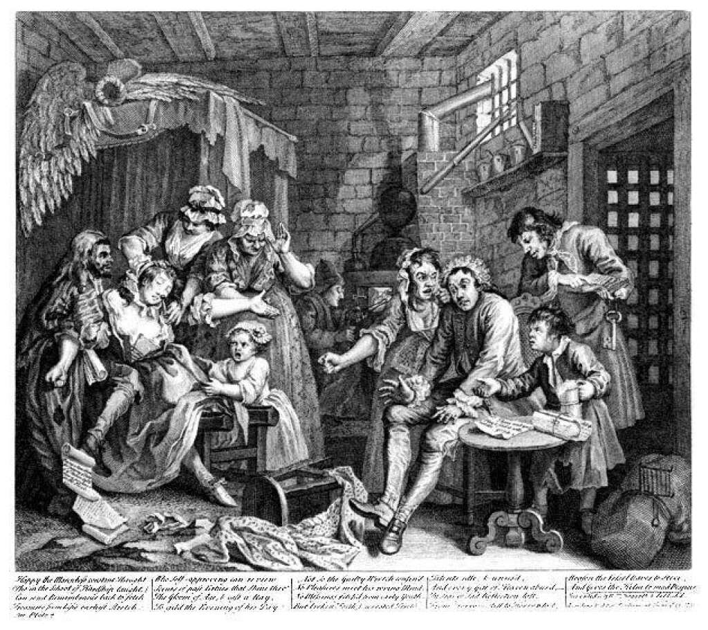 William Hogarth: A Rake's Progress - Plate 7: The Prison Scene - William Hogarth: <em>A Rake's Progress</em> (la carrière d'un libertin)  Plate 7: The Prison Scene (scène de la prison), estampe, 35.5 x 41cm