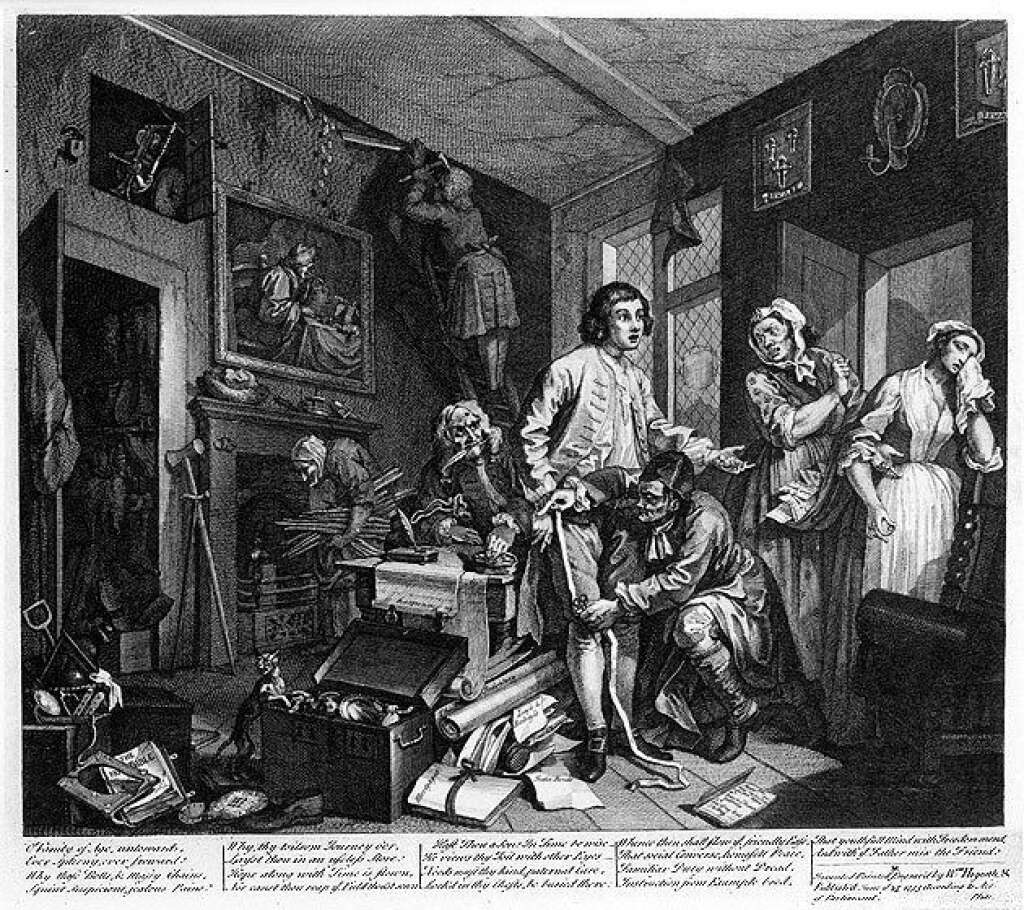 William Hogarth: A Rake's Progress - Plate 1: The Young Heir Takes Possession Of The Miser's Effects - William Hogarth: <em>A Rake's Progress</em> (la carrière d'un libertin)  Plate 1: The Young Heir Takes Possession Of The Miser's Effects (le jeune héritier prend possession des effets de l'avare), estampe, 35.5 x 41cm