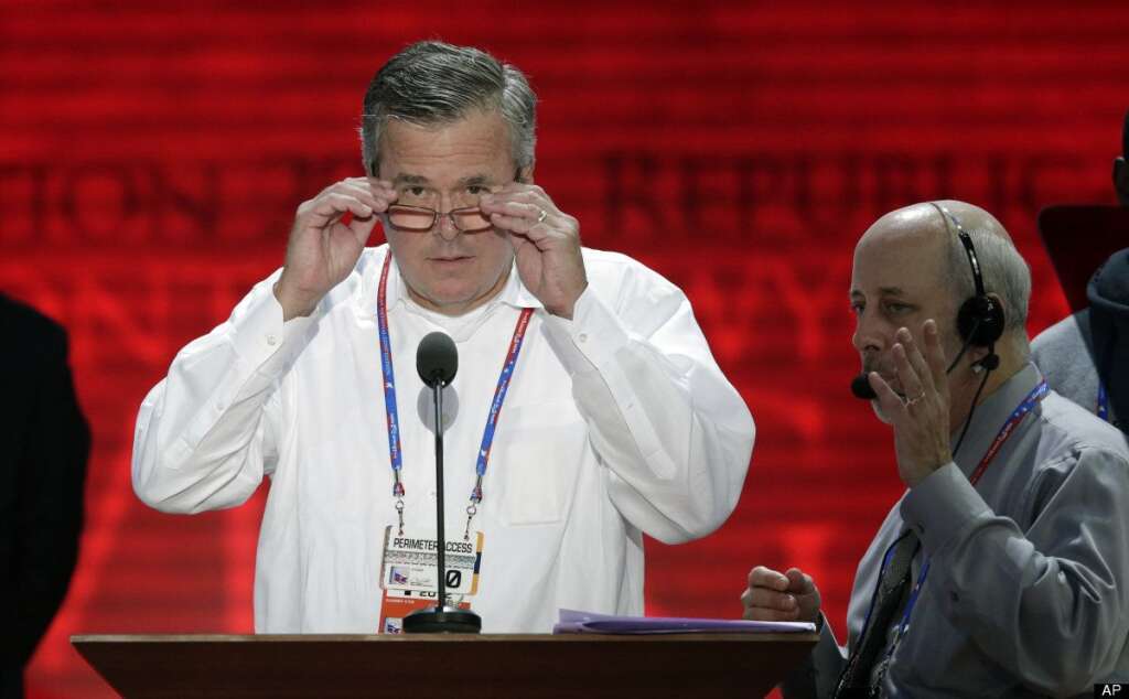Jeb Bush - Former Florida Gov. Jeb Bush looks at the convention floor from the podium during a microphone check at the Republican National Convention in Tampa, Fla., on Monday, Aug. 27, 2012. (AP Photo/J. Scott Applewhite)