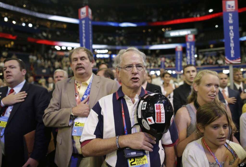 Bob Fish - Delegate Bob Fish from Parkersburg, W. Va., pledges at the Republican National Convention in Tampa, Fla., on Tuesday, Aug. 28, 2012. (AP Photo/Charles Dharapak)