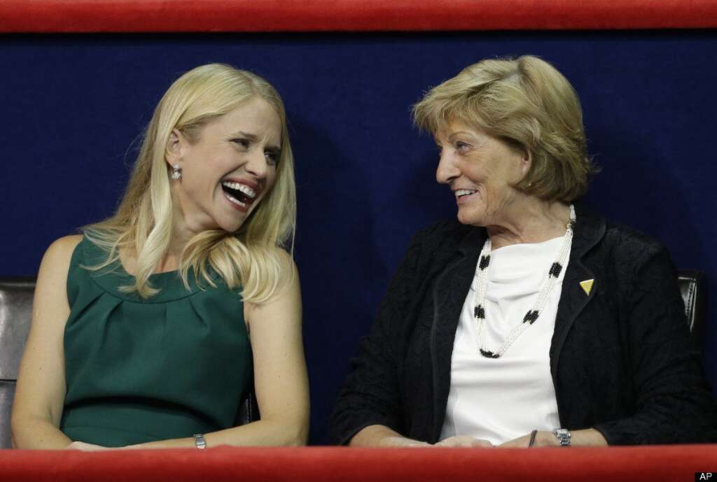 Republican vice presidential nominee, Rep. Paul Ryan's wife Janna, left, sits next to his mother Betty Ryan Douglas during the Republican National Convention in Tampa, Fla., on Wednesday, Aug. 29, 2012. (AP Photo/Charlie Neibergall)