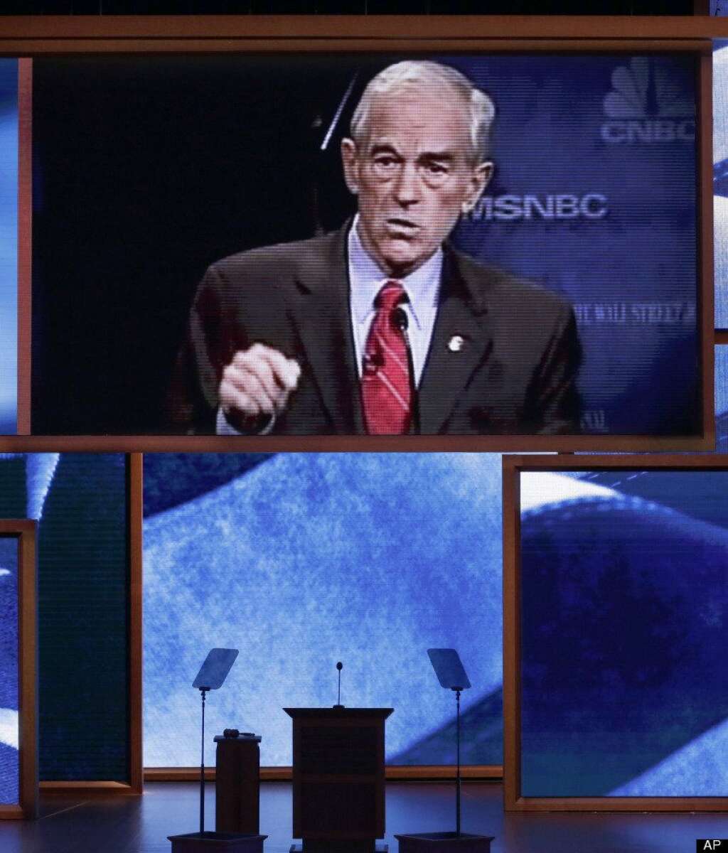 A video honoring of Rep. Ron Paul, R-Texas, is displayed during the Republican National Convention in Tampa, Fla., on Wednesday, Aug. 29, 2012. (AP Photo/J. Scott Applewhite)